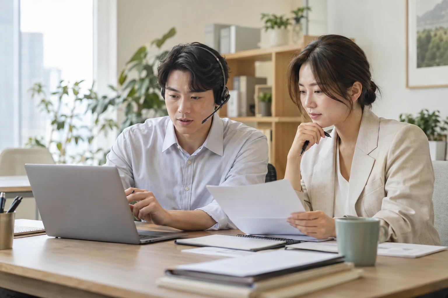 헤드셋과 노트북으로 고객 상담과 영업 업무를 진행하는 직원들의 AI 생성 이미지